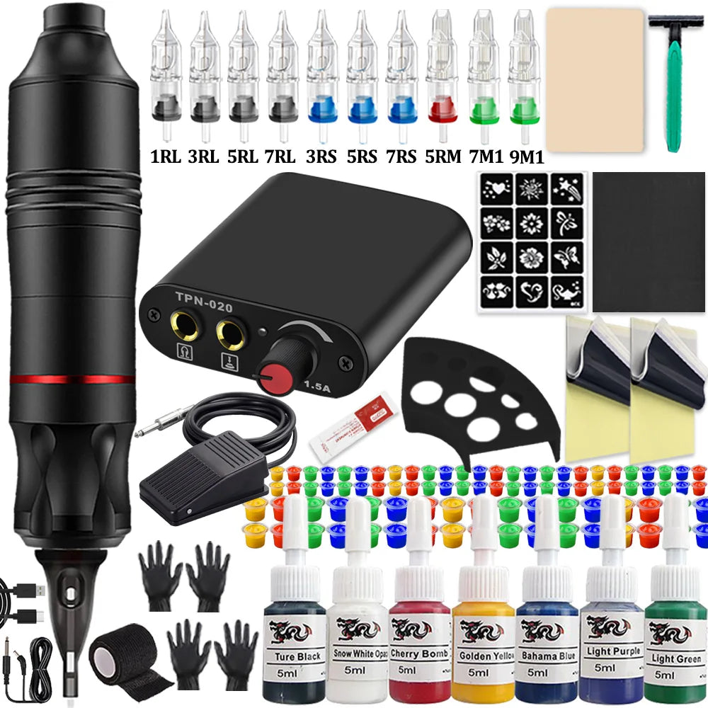 Complete Cartridge Tattoo Pen Machine Kit DC Rotary Machine Pen with Cartridge Needles Power Supply Inks for Tattoo Beginner Set