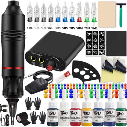Complete Cartridge Tattoo Pen Machine Kit DC Rotary Machine Pen with Cartridge Needles Power Supply Inks for Tattoo Beginner Set