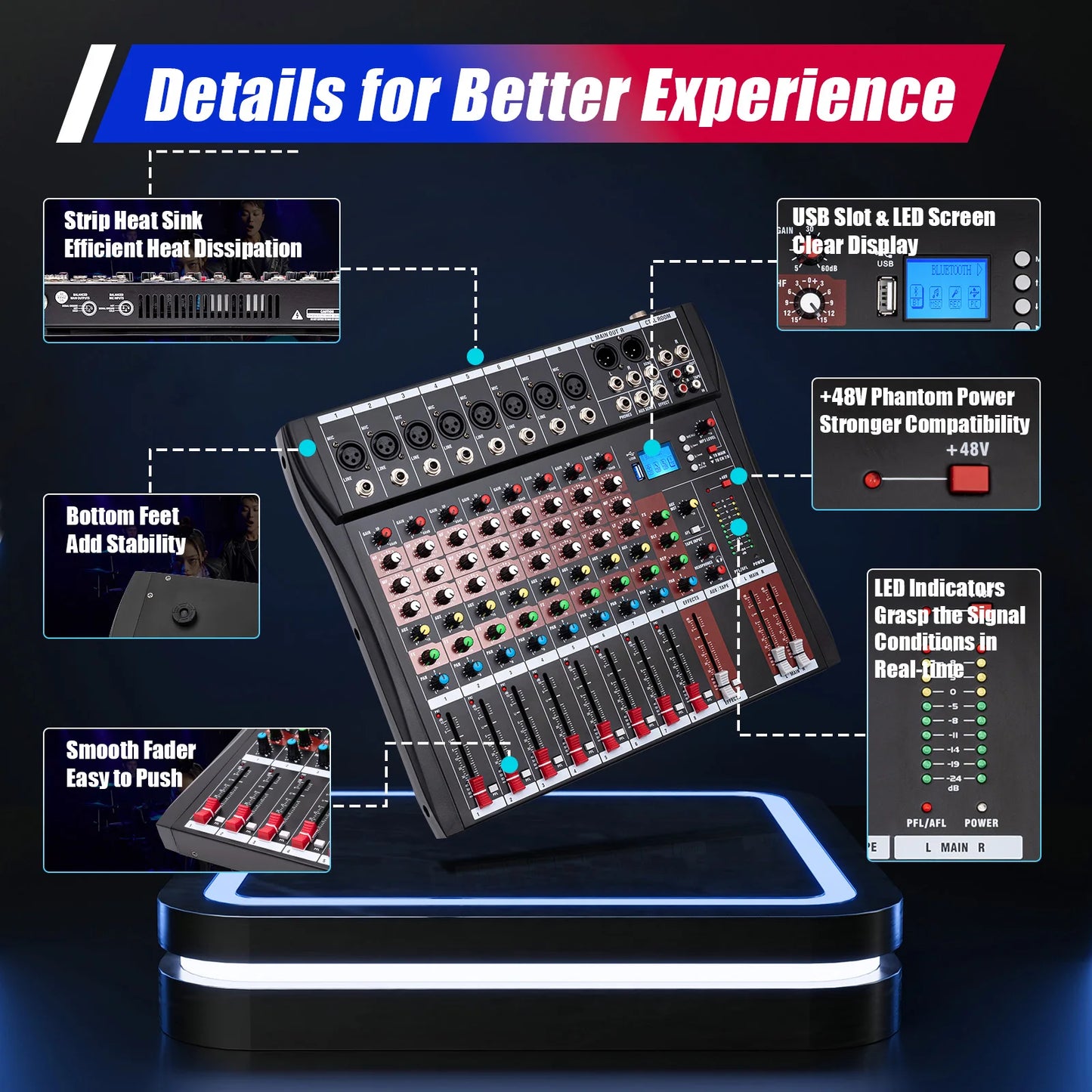 7/8-Channel Professioneller Mixer, Soundboard Konsole with Bluetooth USB PC Recording Input XLR Microphone Jack