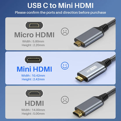 USB C to Mini HDMI 2.0 Cable 4K 60Hz 2K 1080P Display For MacBook For iPhone 17/16 Pro For iPad Pro Laptop to Portable Monitor