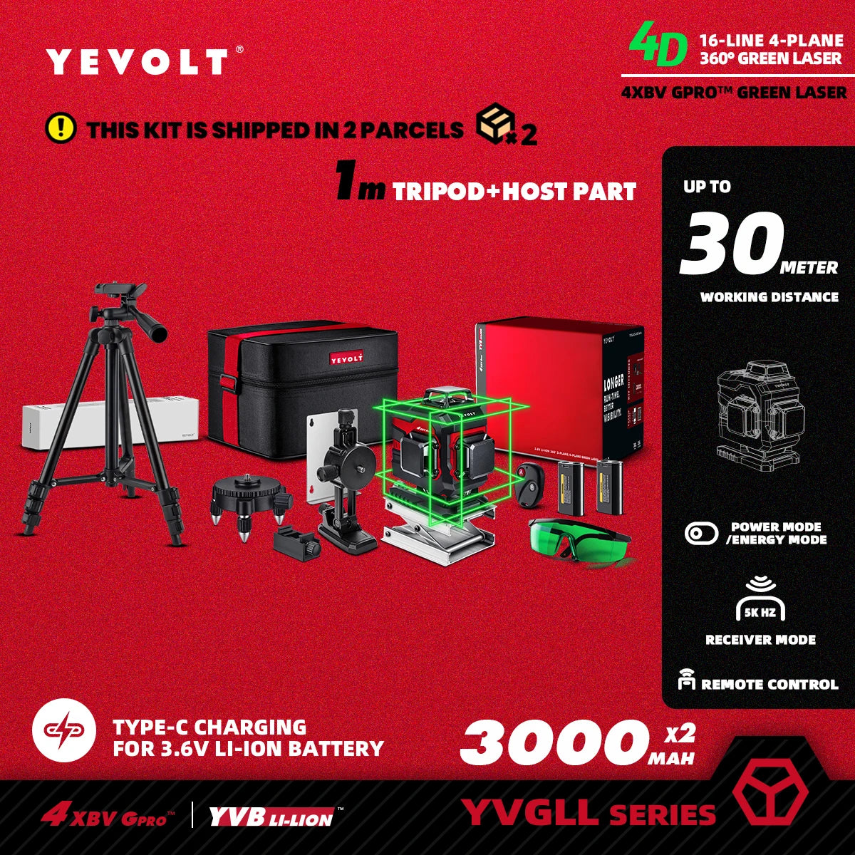 YEVOLT YVGLL4XS16 Grön Lasernivå 4D – 4 Plan, 16 Linjer, 3Ah/5,2Ah Batteri, Självnivellerande