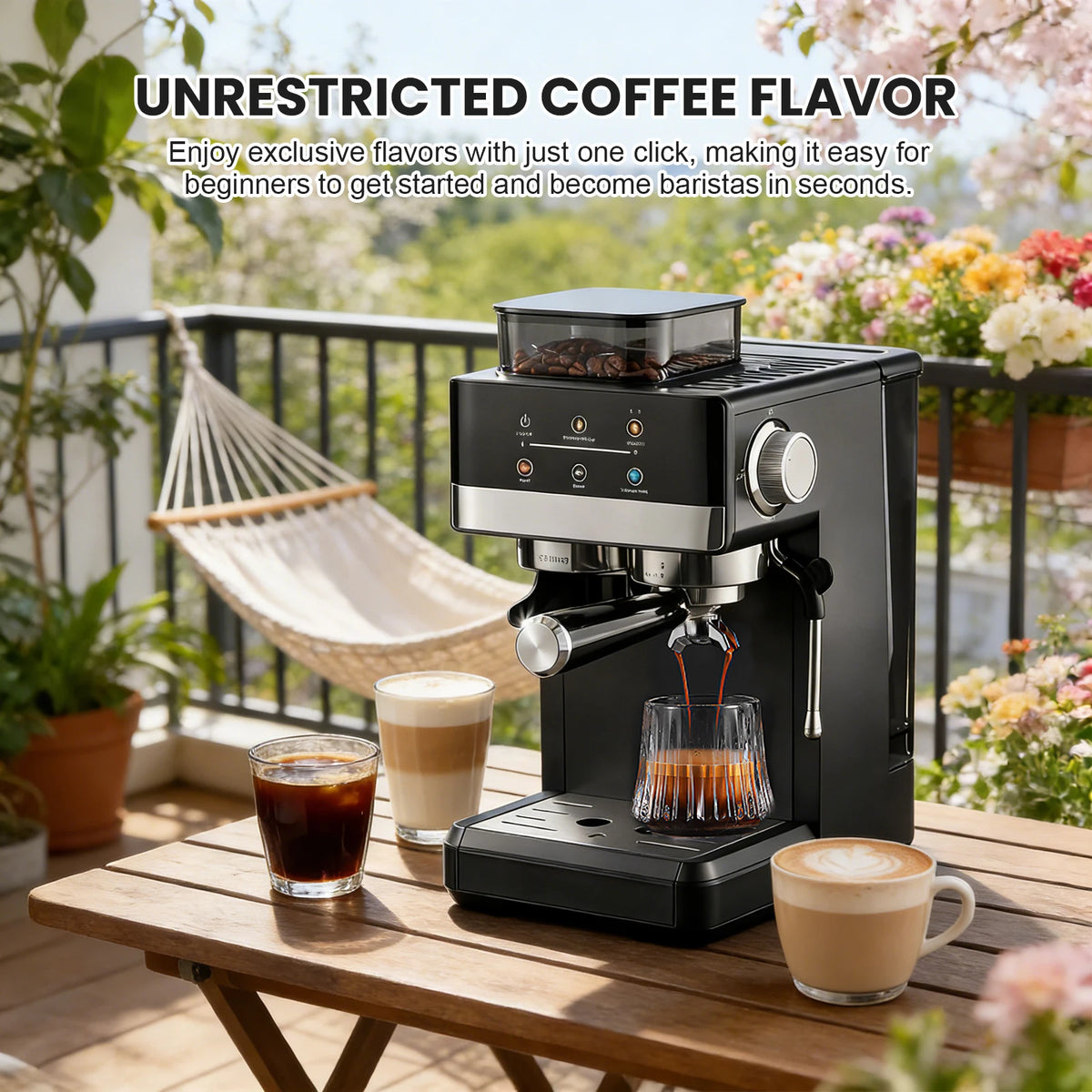 Matte Black Smart Espresso Coffee Machine Burr Grinder Touch Screen Pre-Infusion 360° Steam Wand Cold Brew