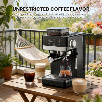 Matte Black Smart Espresso Coffee Machine Burr Grinder Touch Screen Pre-Infusion 360° Steam Wand Cold Brew