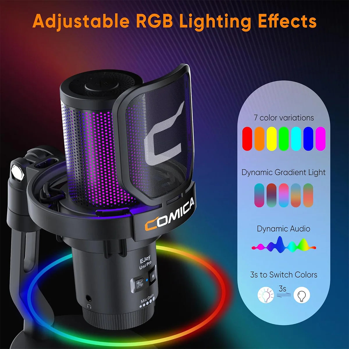 COMICA Ejoy UNI Wired USB Gaming Microphone with Noise Cancellation/RGB for PC Smartphone,Condenser Mic for Streaming Podcasting