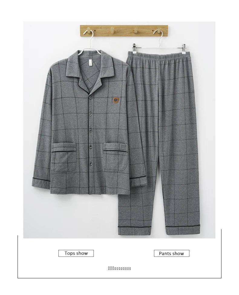 MiiOW Herr Pyjamas Set Vinter – Bomull Långärmad Rutig Grå Krage Plus Size, 8 Färger M–XXXL