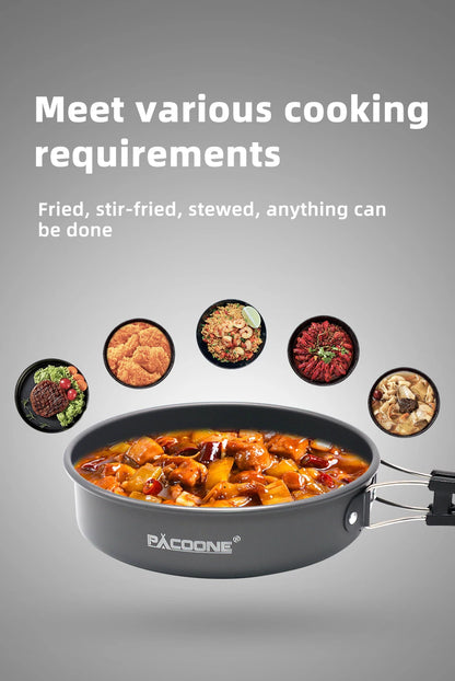 PACOONE Campingkokset – Portabelt Aluminiumset med Kastrull, Vattenkokare & Panna, Hopfällbart