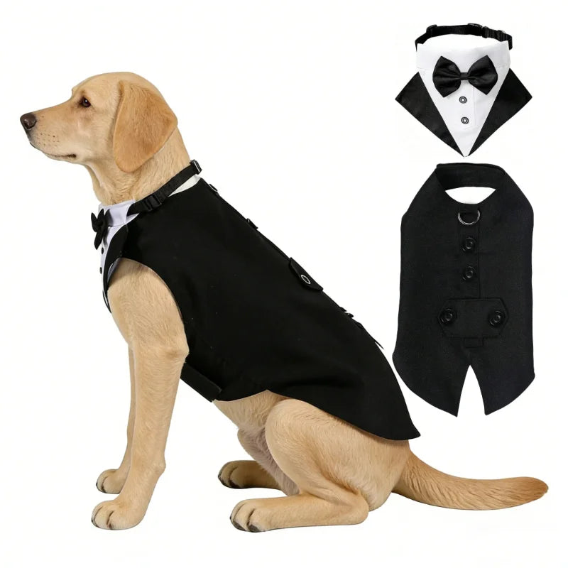 Dog Tuxedo Suit Formal with Bowtie Collar Bandana Set Wedding Party Costume Doggy Prince Shirt for Engagement Pet Clothes