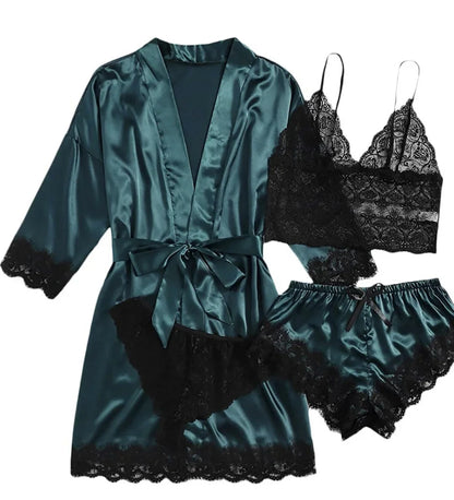 Pyjamasset dam med satinkänsla och spets – sex färger, S–2XL