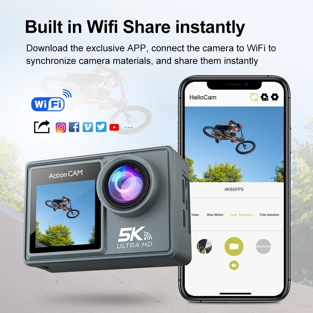 5K Action Camera 4K60FPS 2.0 Inch Touch Screen WiFi 170 ° Wide Angle 30M Waterproof Bicycle Motorcycles Sports Cameras