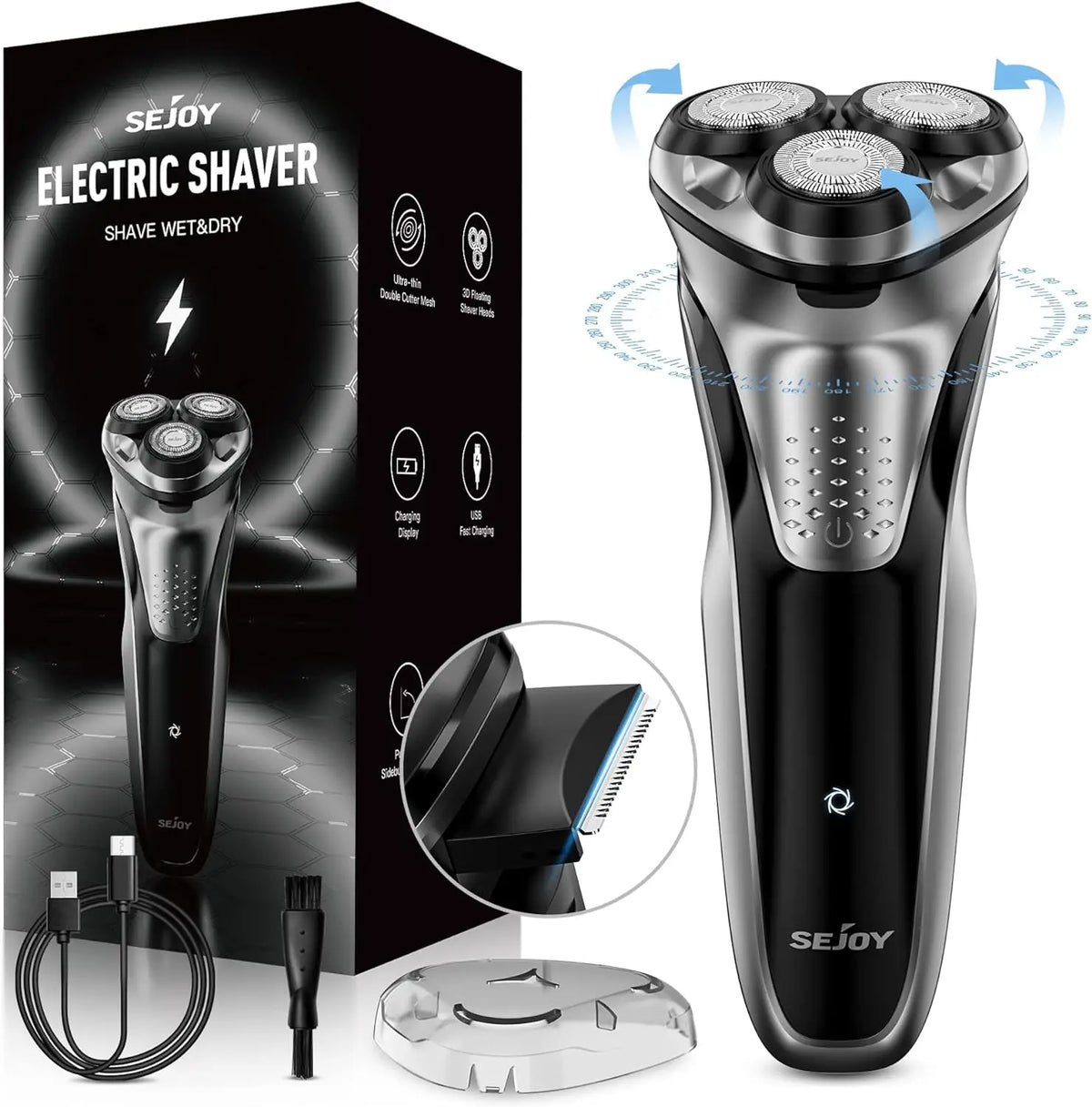 Elektrisk rakapparat med tre roterande blad och USB-C-laddning