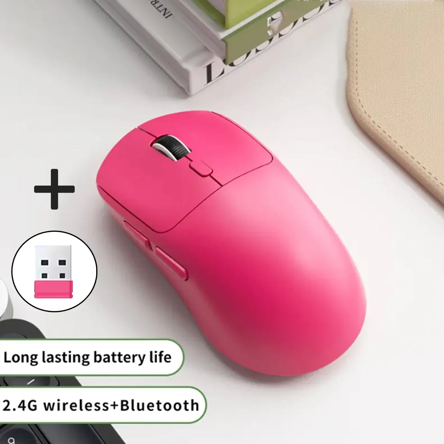 Trådlös Ergonomisk Mus 3-läges Bluetooth + 2,4G USB – Tyst 6 Knappar 1800 DPI Laddningsbar Kontor Gaming, Vit/Röd/Svart