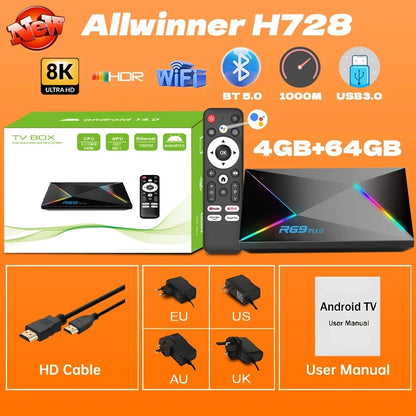 R69 Plus TV Box Android14 Ultra Voice Control HDR10 8K Allwinner H728 Octa Core 1000M LAN WIFI 6 BT5.0 Media Player Set Top Box