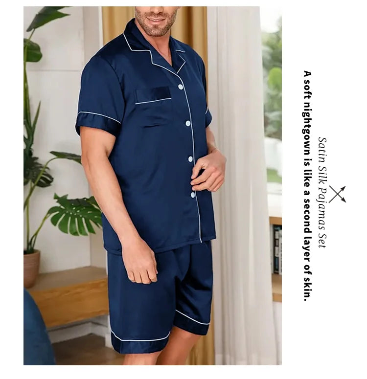 Pyjamasset herr med satinkänsla – kortärmad skjorta och shorts, S–XL