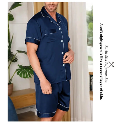 Pyjamasset herr med satinkänsla – kortärmad skjorta och shorts, S–XL