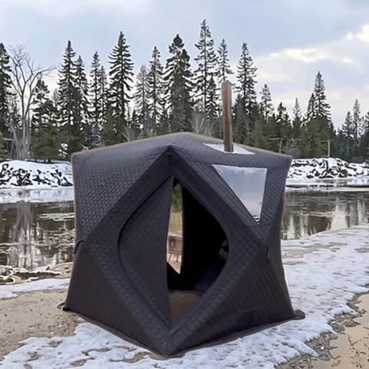 High Quality Snow-Resistant Cube Shape Pop-Up Sauna Tent for Ice Fishing Waterproof Automatic Portable Oxford Material Two Doors
