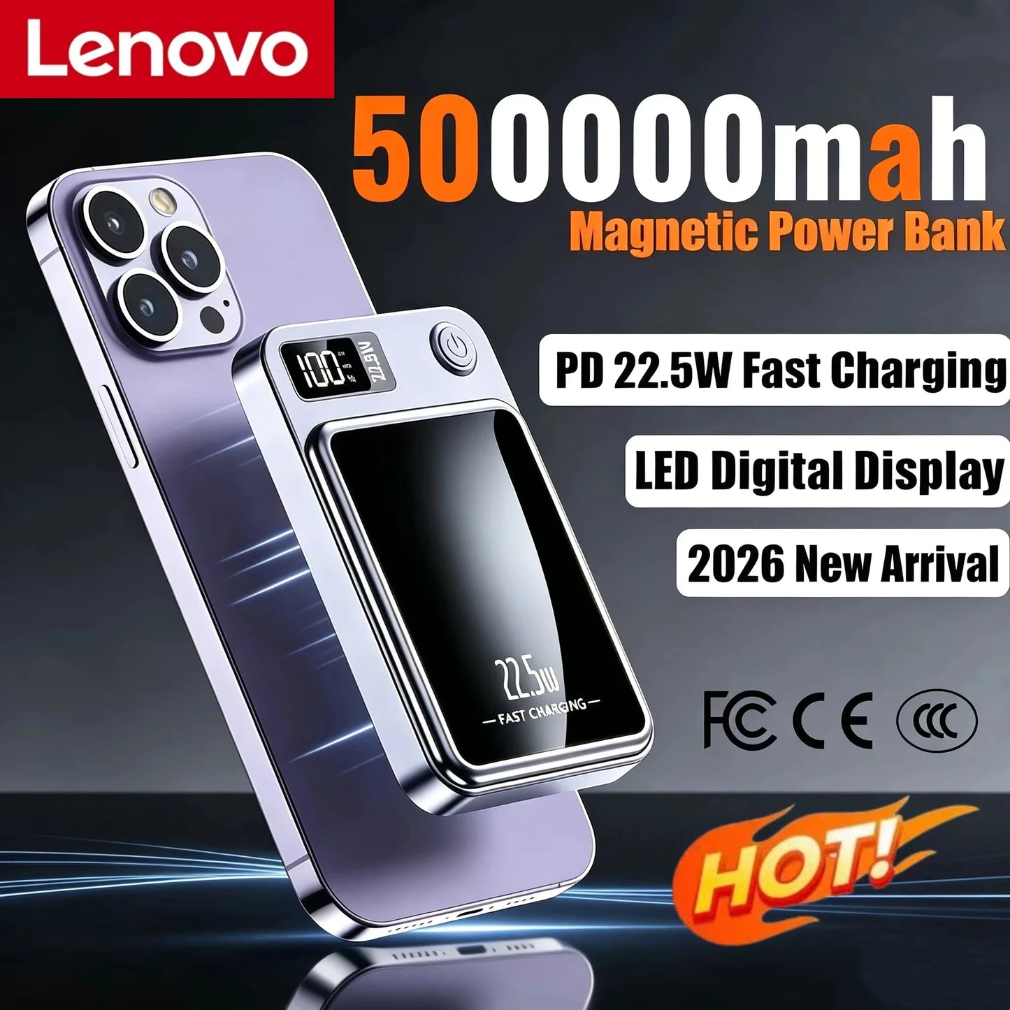Lenovo Magnetic Power Bank 50000mAh Wireless Charger Super Fast Charging for Magsafe External Battery For iPhone 17/16/15/14/13