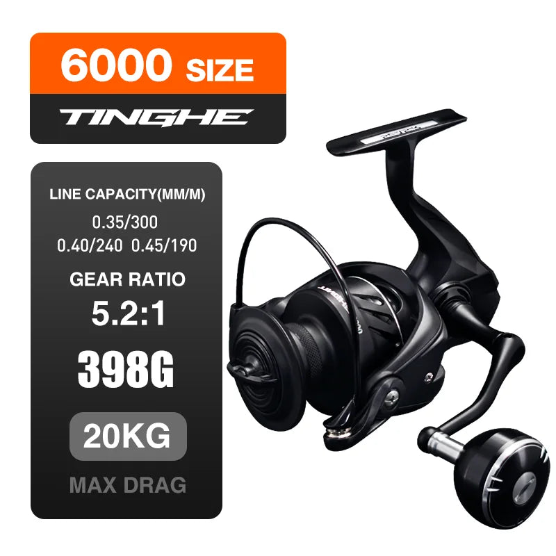 SEASIR TINGHE Spinning Fiskerulle – Max 20kg Drag, 5.2:1, Saltvattensskyddad, Aluminiumhandtag, 2500–6000