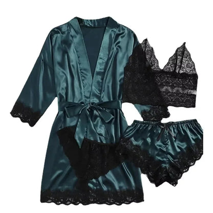 Pyjamasset dam med satinkänsla och spets – sex färger, S–2XL