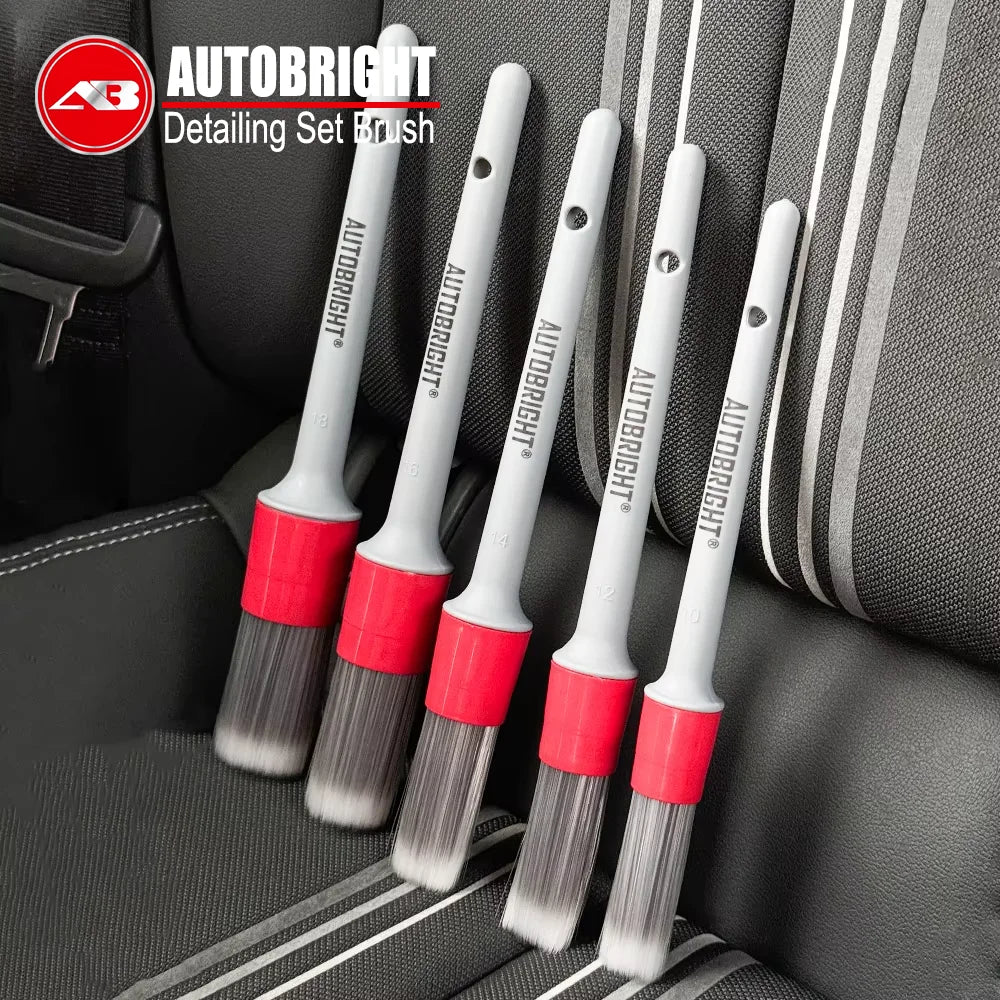 AUTOBRIGHT 5pcs Car Wash Brushes High quality soft brush Dense Bristles Car Detailing Clean Interior Wheel Silver Brush set Tool