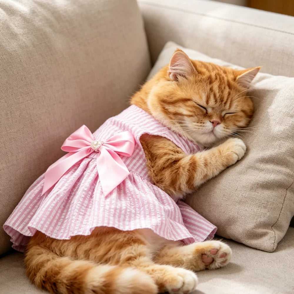 Kawaii Vertical Striped Summer Pet Clothes Soft with Bow Pet Dog Skirt Elastic Thin Dog Princess Dress