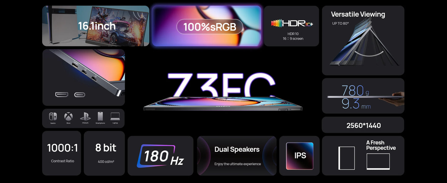 ARZOPA Z3FC Portabel Skärm 16,1" 180Hz 2,5K QHD – IPS 107% sRGB HDR10 Dubbla Högtalare Aluminium USB-C HDMI