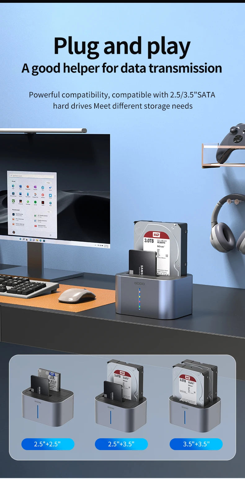GODO USB 3.0 Dubbel Fack Typ C Hårddiskdocka för 2.5/3.5 tums SATA-enheter