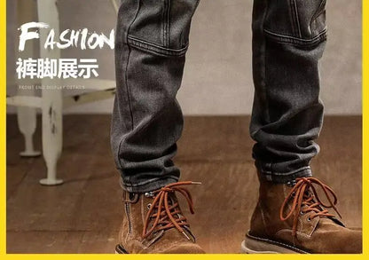 High Street Motorcycle Men's Brand Splice Pockmark Handsome 2025 Autumn Winter New Elastic Slim Fold Long Pants Casual Jeans