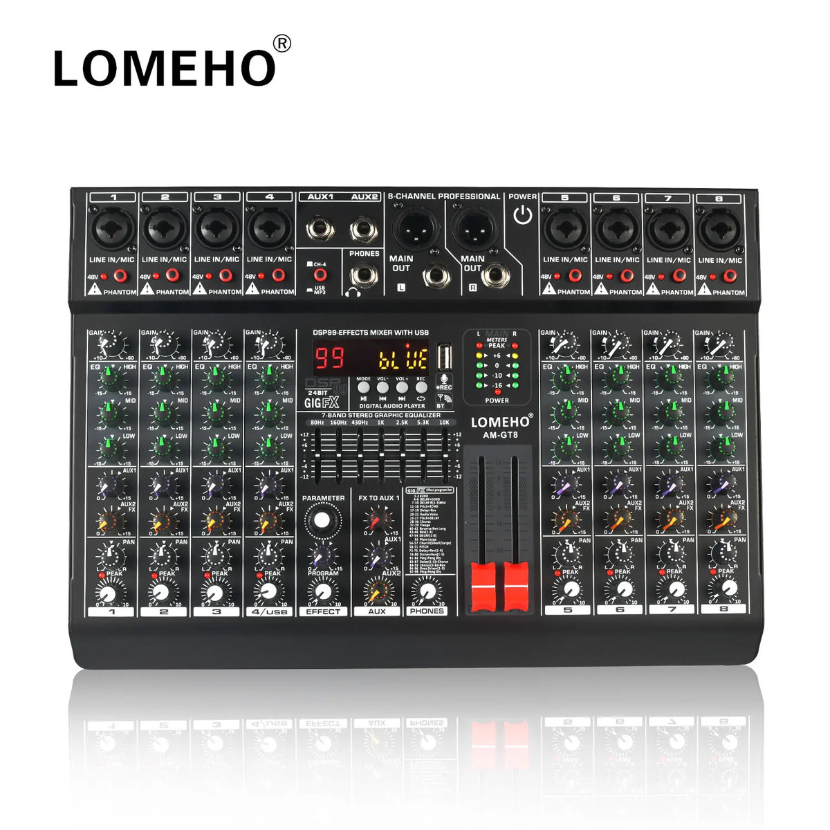 LOMEHO AM-GT8 8-kanals mixerbord med 99 DSP-effekter