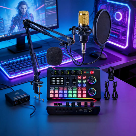 Kondensatormikrofon med ljudinterface – livestreaming, podcast och popfilter