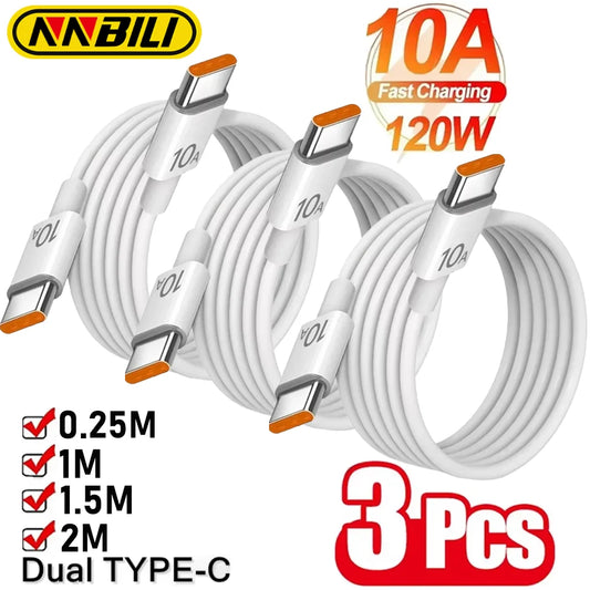 NNBILI 3-pack USB-C Snabbladdningskabel – 120W, 10A, Kompatibel med iPhone 15/16, Samsung och Huawei