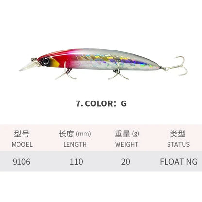 Floating Minnow Fishing Lures 110MM 20g Sea Ocean Beach Fishing Artificial Hard Bait Fishing Tackle for Bass Pike Perch Pesca