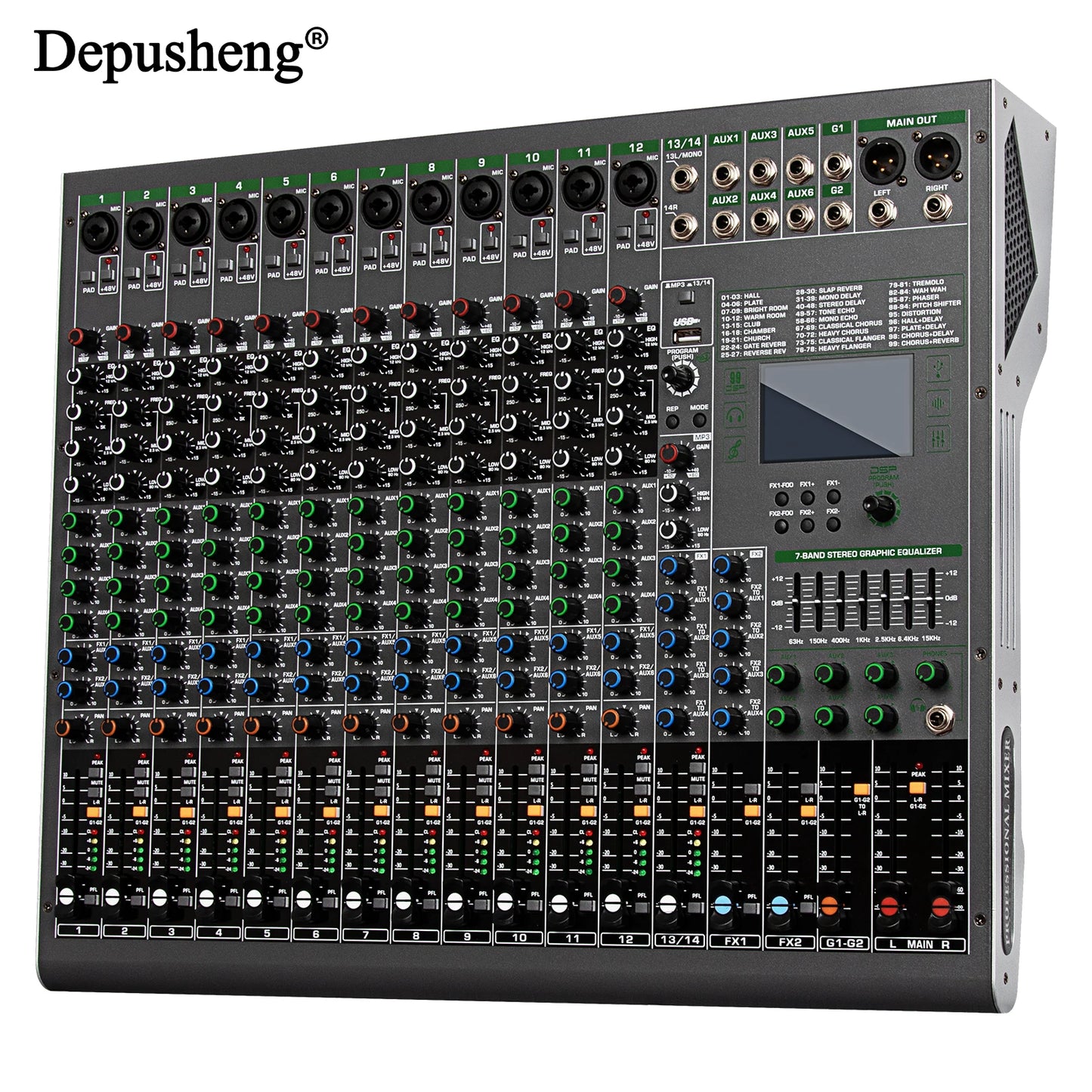 14 Channels Digital Professional Audio Console Mixer Depusheng TG14 Mixing DJ Console USB with 48V Phantom Power Built-in 99 Rev