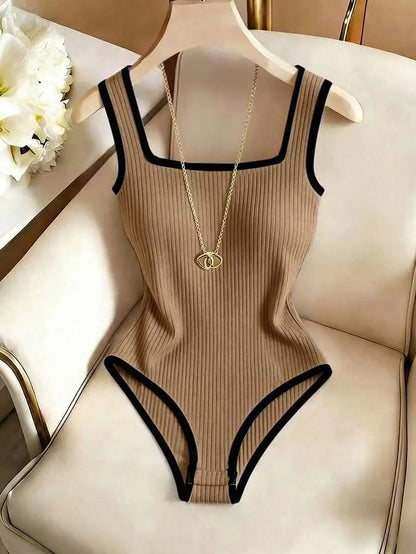Dam 3-delat Ribbat Bodysuit-set – Fyrkantig Urringning Midjebetonande Backless Strand Nattliv Elegant, 4 Färger XS–XL