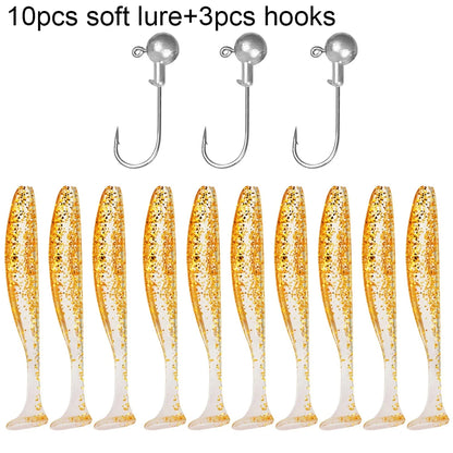 10PCS Soft Lure 5.5cm 7cm 10cm T Tail Worm 3PCS Jigging Head Hook 3g 5g 10g Metal Jig Carp Fishing Pesca Swimbait Gear Kit Bait