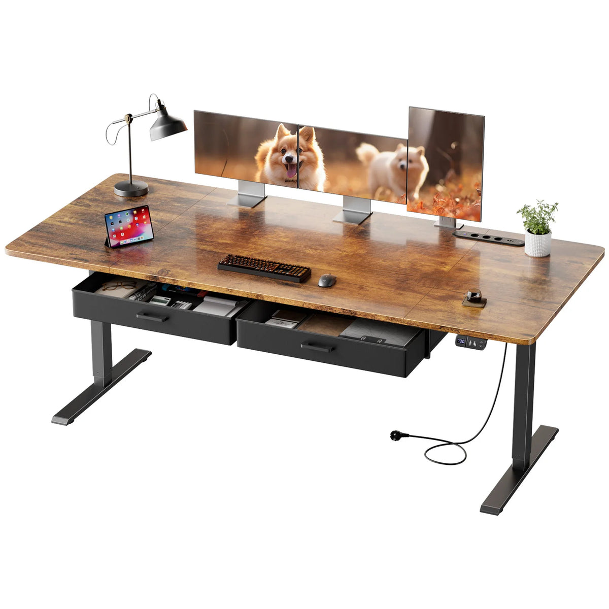 120/140/160/180cm Electric Height Adjustable Desk, Heavy-Duty Large Sit-Stand Table, Gaming Desk with Power Outlet & Drawer