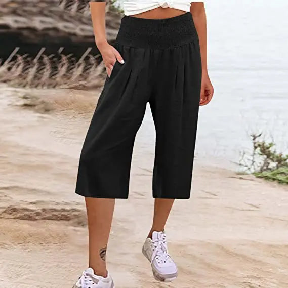 Summer 2024 Amazon Eurn women's cross-border cotton hemp seven waist pocket pocket pocket pocket wide leg pants woman