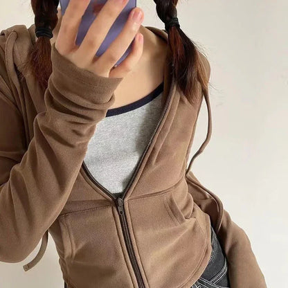 Women's Slim Fit Hooded Zip Up Sports Sweatshirt | Autumn Cropped Casual Jacket Long Sleeve Athletic Outerwear K Pop Clothes