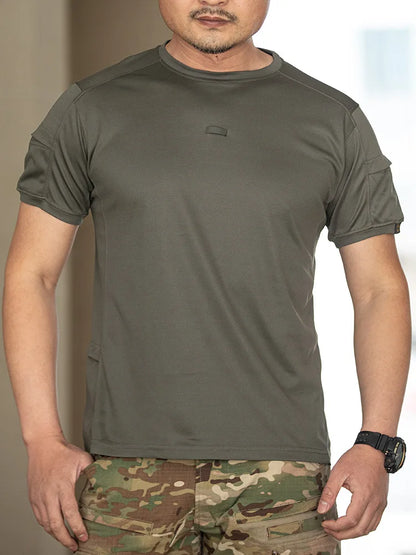 Men's 2026 Crew Neck Tactical T-Shirt With Pocket Summer Outdoor Training Tee Quick Dry Breathable Wear Resistant Sports Top
