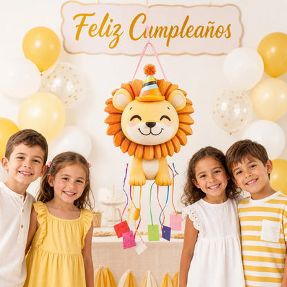 Lejonpiñata med partyhatt och dragband – 48 × 36,4 cm