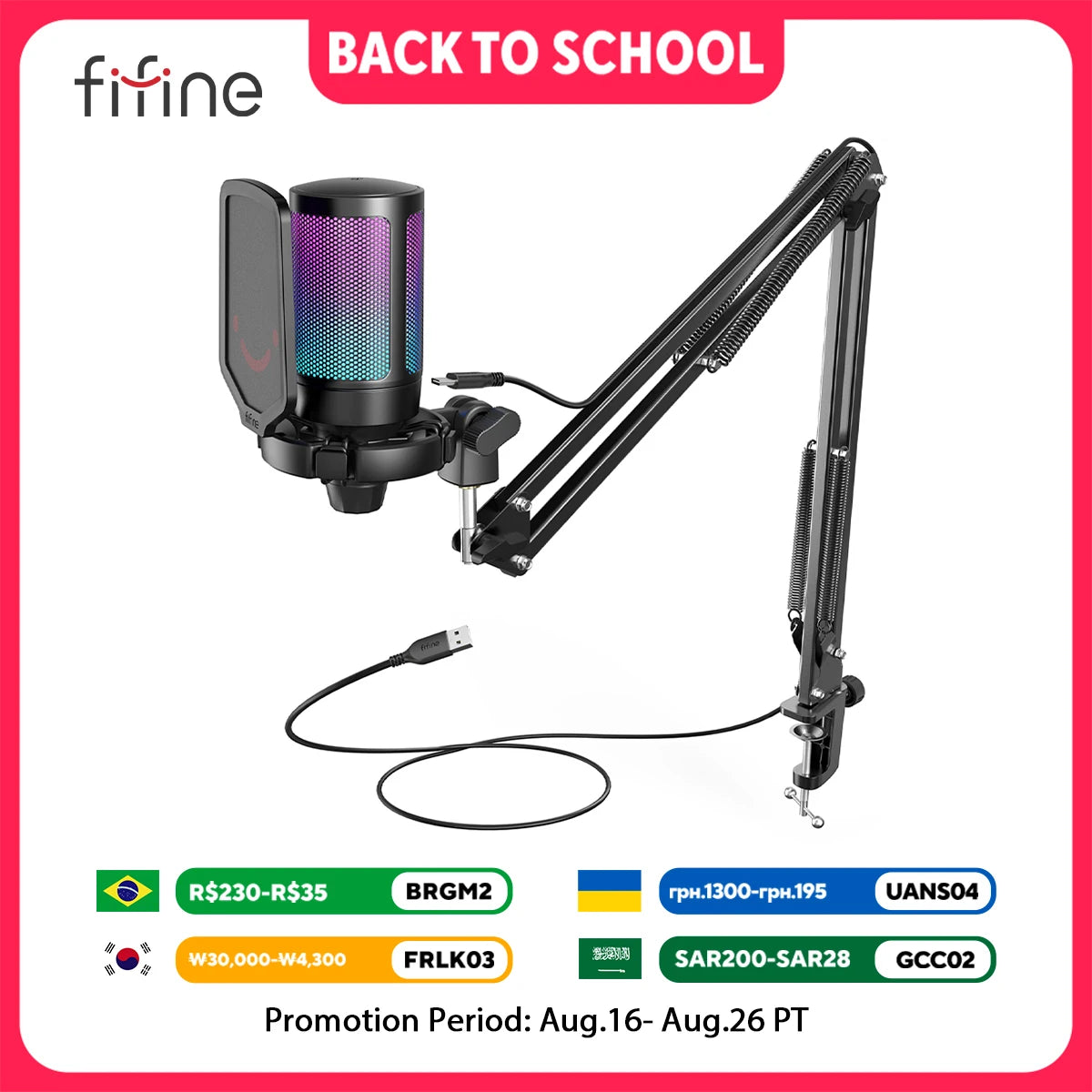 FIFINE USB Gaming Microphone Kit for PC,PS4/5 Condenser Cardioid Mic Set with Mute Button/RGB /Arm Stand,for Streaming Video-A6T