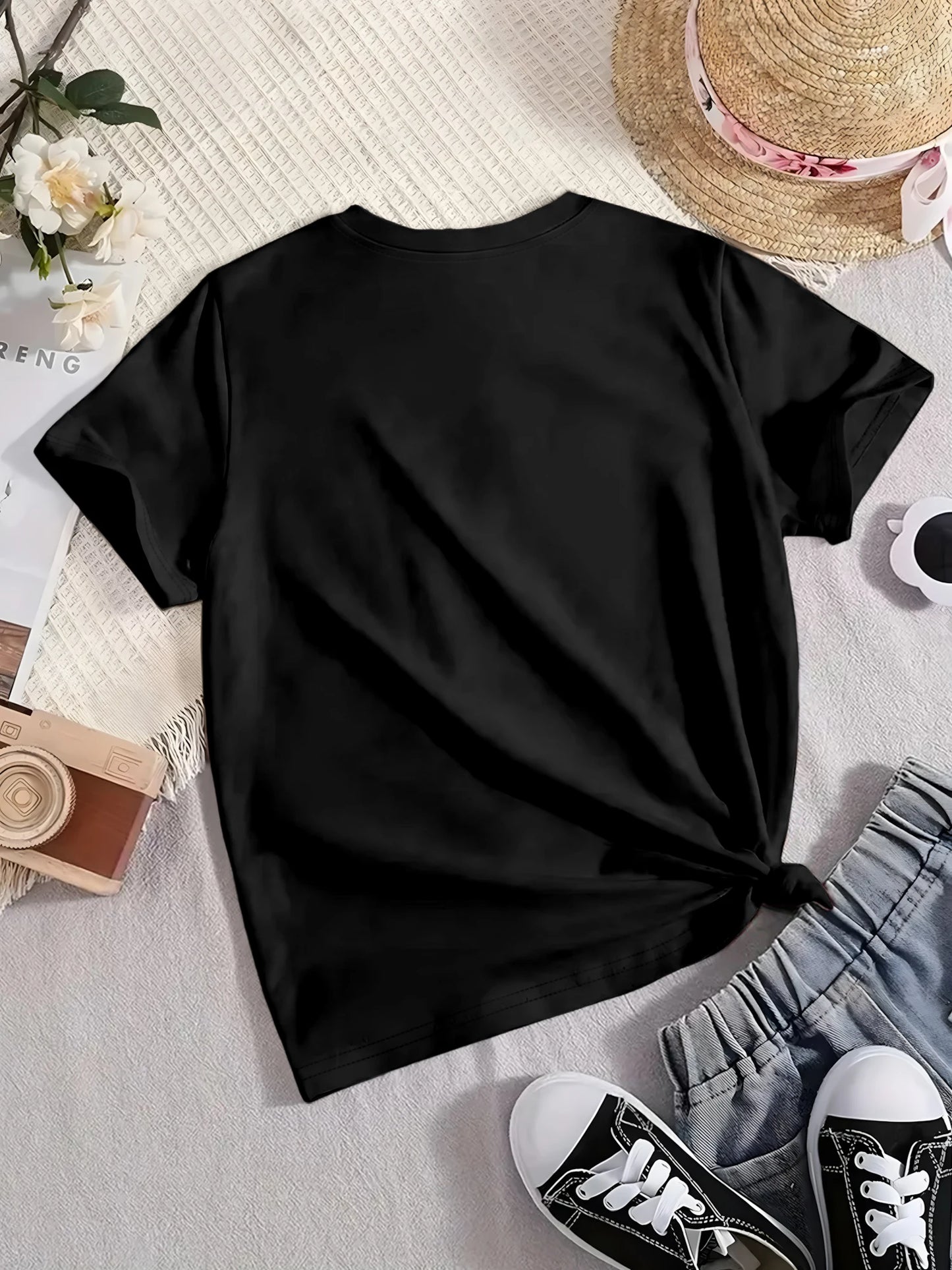 Women's Oversized V-Neck T-Shirt Solid Color Short-Sleeve Curved Hem Soft Fabric Black Gray Navy