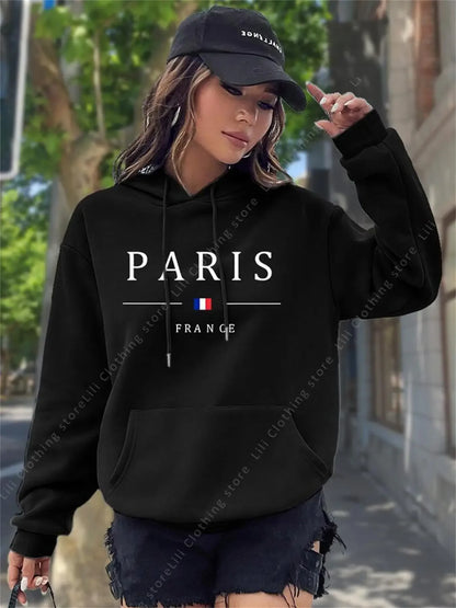 PARIS Graphic Letter Hoodies Women's Hooded Sweatshirt Pullover Top Aesthetic Y2K Street Sport Clothing Woman Hoodie PINK BLACK