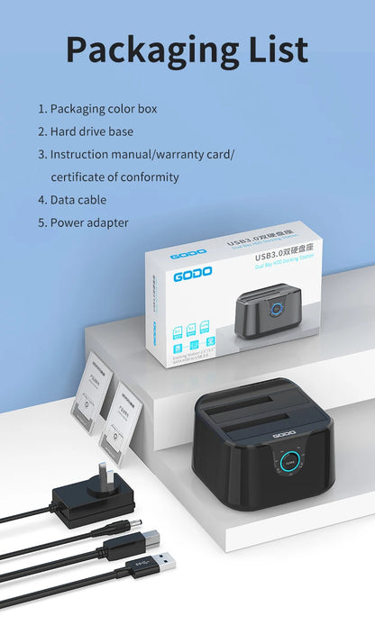 GODO HDD Docking Station SATA to USB 3.0 Adapter for 2.5 3.5 SSD Disk Case HDD Box Dock Hard Drive Enclosure Docking Station