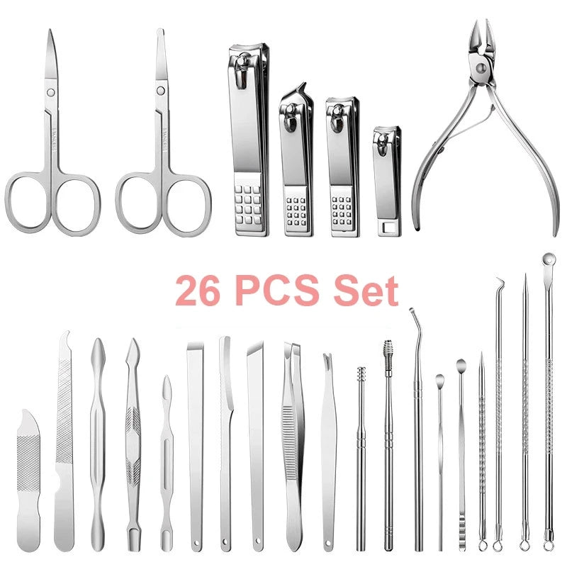26 Pcs Manicure Set Stainless Steel Nail Clippers Cuticle Nipper Pedicure Care Tool Dead Skin Scissor Cleaning Grooming Ki