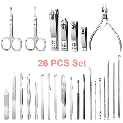 26 Pcs Manicure Set Stainless Steel Nail Clippers Cuticle Nipper Pedicure Care Tool Dead Skin Scissor Cleaning Grooming Ki