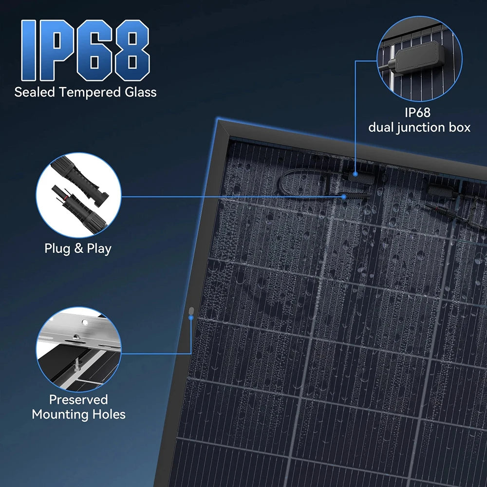 RVPOZWER Bifacial Solpanel 200W/400W/800W – N-Type 18BB, ~25% Verkningsgrad, +15% Bifacial, IP68, 25års Livslängd, Tak/Stuga/Off-Grid, EU-lager (Tyskland)