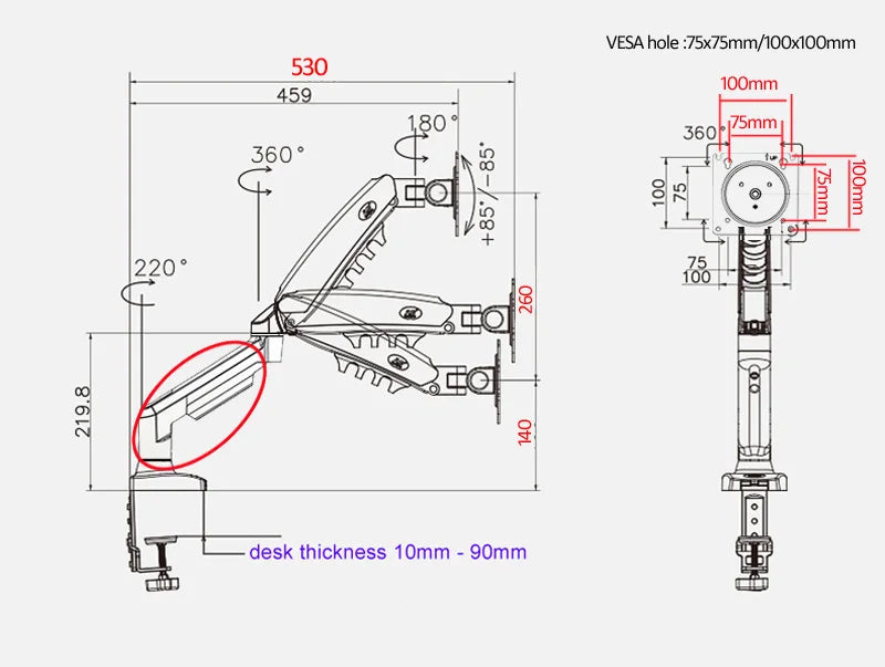 NB F80 + FP-2 Full Motion 360 Rotate Pivot 2-9kg Gas Spring Arm 10'-17' Laptop Tray Desktop Stand Clamp 10-90mm Grommet Hole