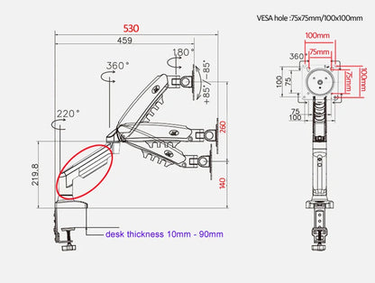 NB F80 + FP-2 Full Motion 360 Rotate Pivot 2-9kg Gas Spring Arm 10'-17' Laptop Tray Desktop Stand Clamp 10-90mm Grommet Hole