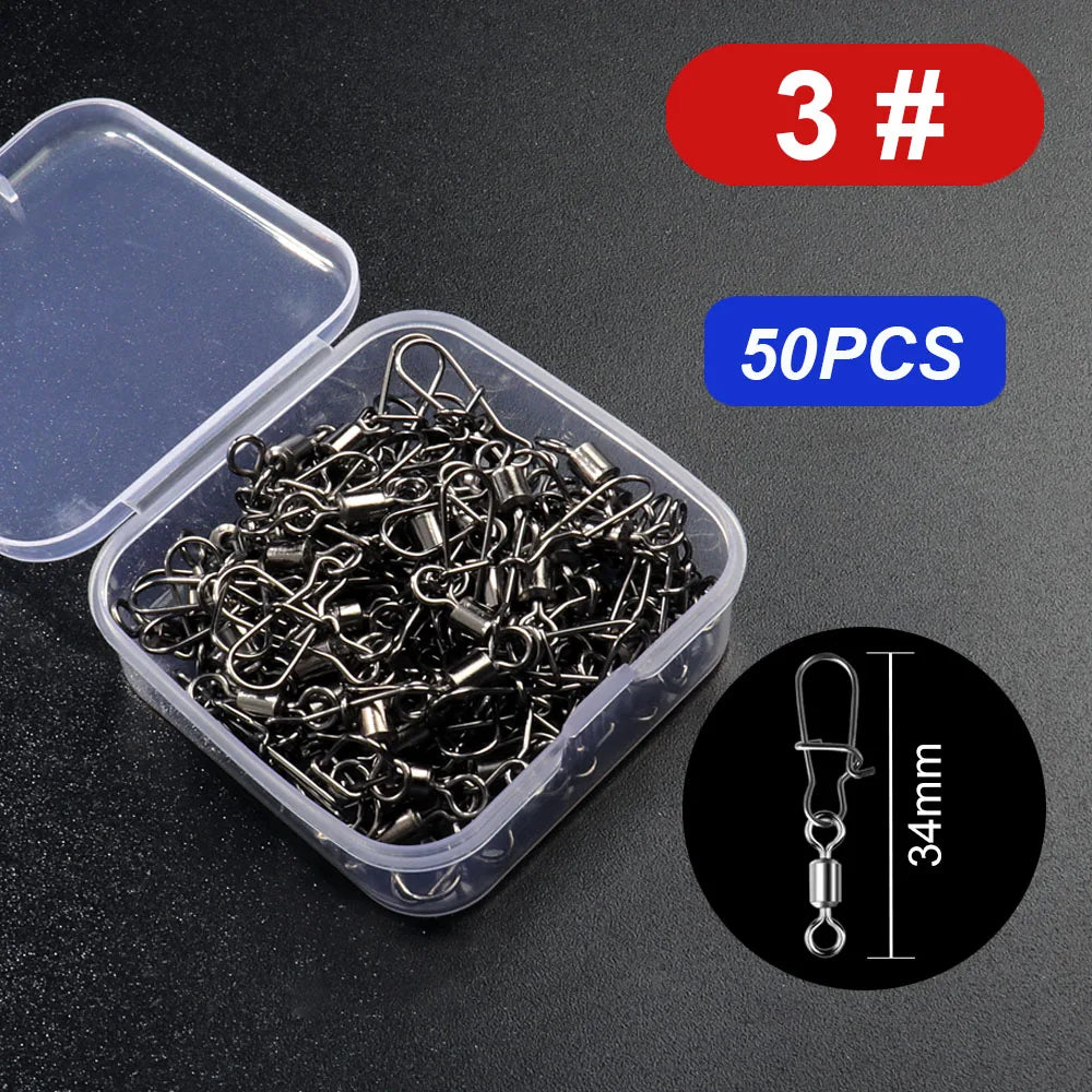 50pcs/box Swivel Snap Connector Pin Rolling Ring Fishing Tackle Box Buckle Hook Lure Kit Wire Rotate Bearing Pesca Tool Gear