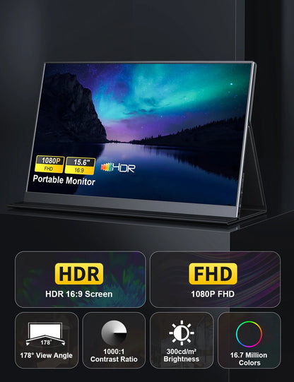 Amoudo portable monitors 15.6 inches 1920*1080P FHD, portable laptop computer extension screen, IPS screen, Monitor for laptop computer portable/PC/Telephone